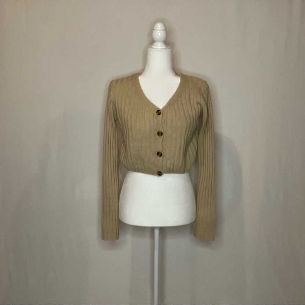Zaful Tan Ribbed Cable Button-Up Women's Sweater Preppy V- Neck Cropped Solid L